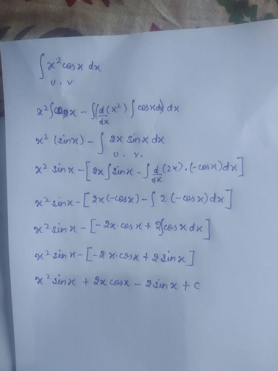 x²csx dx
U. V
x² Sax - √(a (x²) f cond) dx
dx
x² (sins) -
S
2x Sinx dx
U. V.
x² sinx - [2xfsinx - f d (2x). ( -cosx) dx ]
)dx
Để sinx-Iaxece) -f2 (2) do
x²
x² sin x - [ - 2x. cos x + Yeos xdx
Để sên - E-xt Quản ]
gỉ sinxt2x cao x Rin xtc