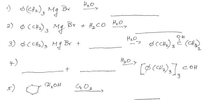 H20
Br
2) $ CH2)3 Mg
Br + H2CO
H20_
OH
H2O
3) oc CH2)s Mg Br +
4)
c애
3
