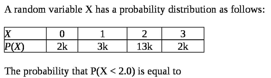 A random variable X has a probability distribution as follows:
1
P(X)
2k
3k
13k
2k
The probability that P(X < 2.0) is equal to
