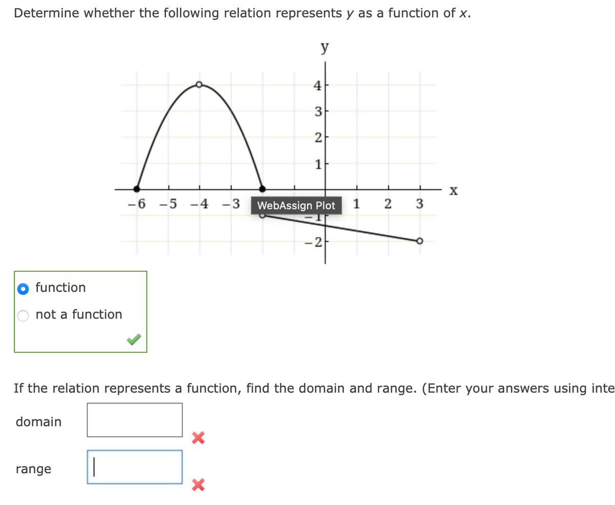 Determine whether the following relation represents y as a function of x.
function
not a function
domain
range
y
X
4
X
3
2
-6 -5 -4 -3 WebAssign Plot
1F
-2
1
If the relation represents a function, find the domain and range. (Enter your answers using inte
2
3
X