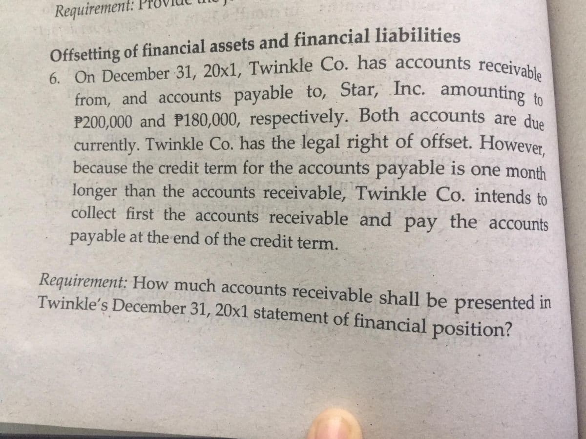 6. On December 31, 20x1, Twinkle Co. has accounts receivable
from, and accounts payable to, Star, Inc. amounting to
Requirement:
Offsetting of financial assets and financial liabilities
from, and accounts payable to, Star, Inc. amounting to
P200,000 and P180,000, respectively. Both accounts are due
currently. Twinkle Co. has the legal right of offset. However.
because the credit term for the accounts payable is one month
longer than the accounts receivable, Twinkle Co. intends to
collect first the accounts receivable and pay the accounts
payable at the end of the credit term.
Requirement: How much accounts receivable shall be presented in
Twinkle's December 31, 20x1 statement of financial position?
