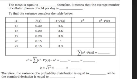 The mean is equal to
of cellular phones of sold per day is
therefore, it means that the average number
To find the variance complete the table below:
P(x)
x P(x)
x2 . P(x)
15
0.30
4.5
18
0.20
3.6
19
0.20
3.8
20
0.15
3
22
0.15
3.3
Ex- P(<) =
- Σω-σ,
Therefore, the variance of a probability distribution is equal to
the standard deviation is equal to
while

