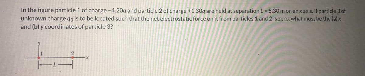 In the figure particle 1 of charge -4.20q and particle 2 of charge +1.30q are held at separation L = 5.30 m on an x axis. If particle 3 of
unknown charge q3 is to be located such that the net electrostatic force on it from particles 1 and 2 is zero, what must be the (a) x
and (b) y coordinates of particle 3?
%3D
|
1
T
