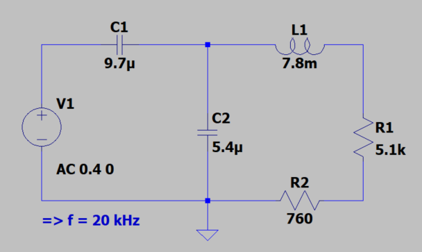 C1
L1
9.7µ
7.8m
V1
C2
R1
5.4р
5.1k
AC 0.4 0
R2
=>f = 20 kHz
760

