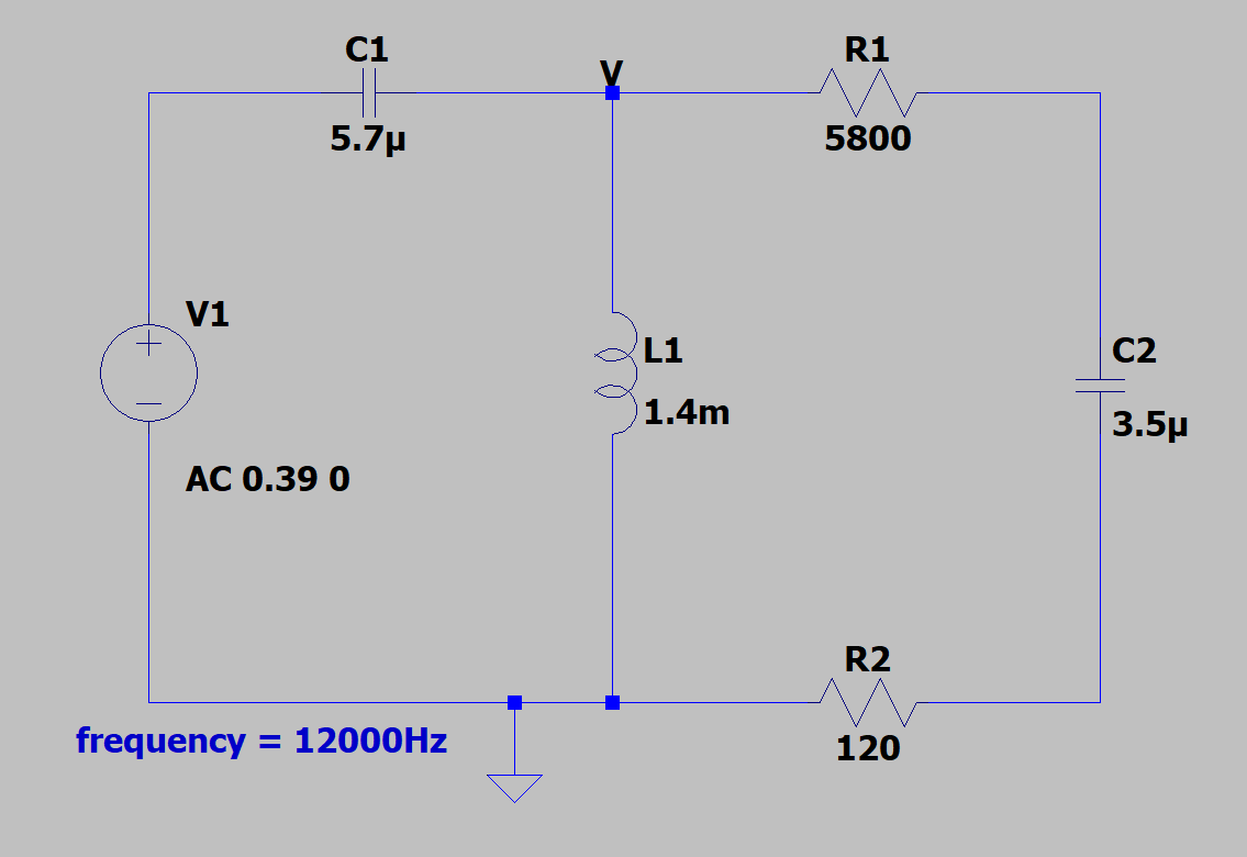 C1
R1
5.7µ
5800
V1
L1
C2
1.4m
3.5µ
AC 0.39 0
R2
frequency = 12000HZ
120
