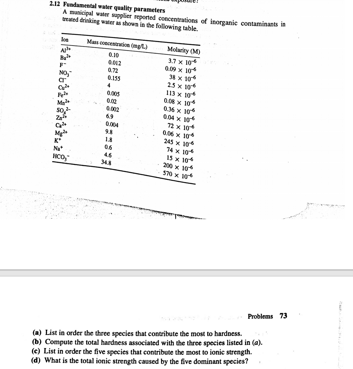 2.12 Fundamental water quality parameters
A municipal water supplier reported concentrations of inorganic contaminants in
treated drinking water as shown in the following table.
Ion
Mass concentration (mg/L)
Molarity (M)
Al3+
Ba2+
0.10
3.7 x 10-6
0.09 x 10-6
38 x 10-6
2.5 x 10-6
113 x 10-6
0.08 x 106
0.36 × 10-6
0.04 x 10-6
72 x 10-6
0.06 × 10-6
245 x 10-6
74 x 10-6
15 x 10-6
200 x 106
570 x 106
0.012
F-
0.72
NO3
CI
Cu?+
Fe2+
Mn²+
0.155
4
0.005
0.02
0.002
So,-
Zn2+
Ca2+
Mg2+
K*
6.9
0.004
9.8
1.8
0.6
Na+
4.6
HCO3
34.8
Problems 73
(a) List in order the three species that contribute the most to hardness.
(b) Compute the total hardness associated with the three species listed in (a).
(c) List in order the five species that contribute the most to ionic strength.
(d) What is the total ionic strength caused by the five dominant species?
