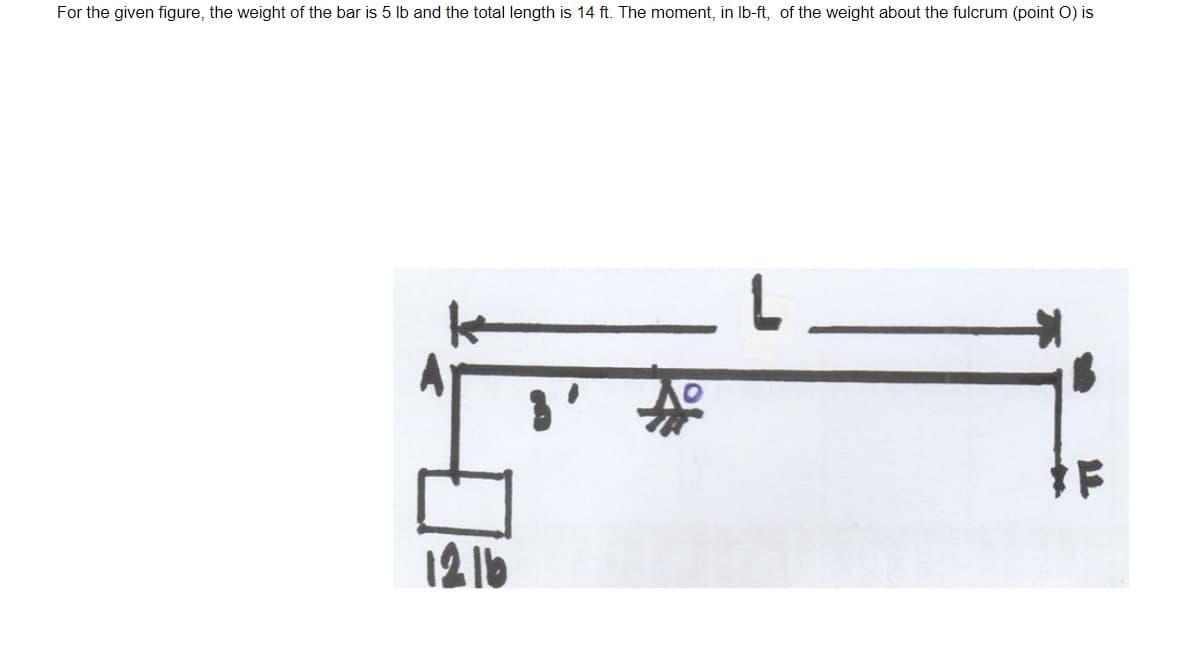 For the given figure, the weight of the bar is 5 lb and the total length is 14 ft. The moment, in Ib-ft, of the weight about the fulcrum (point O) is
L.
12 1b
