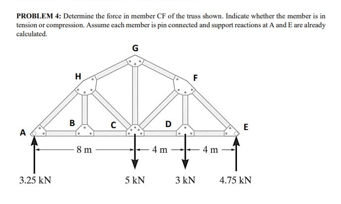 PROBLEM 4: Determine the force in member CF of the truss shown. Indicate whether the member is in
tension or compression. Assume each member is pin connected and support reactions at A and E are already
calculated.
G
H
F
B
D
A
8 m
4 m
4 m
3.25 kN
5 kN
3 kN
4.75 kN

