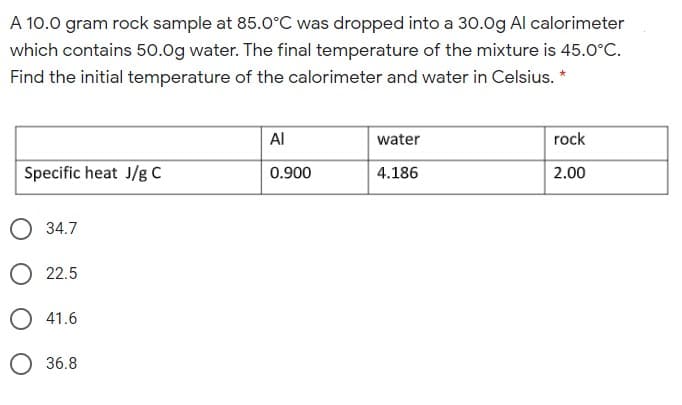 A 10.0 gram rock sample at 85.0°C was dropped into a 30.0g Al calorimeter
which contains 50.0g water. The final temperature of the mixture is 45.0°C.
Find the initial temperature of the calorimeter and water in Celsius. *
Al
water
rock
Specific heat J/g C
0.900
4.186
2.00
O 34.7
O 22.5
O 41.6
O 36.8
