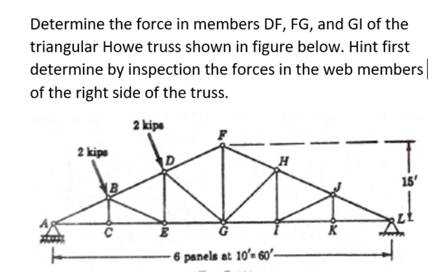 Determine the force in members DF, FG, and Gl of the
triangular Howe truss shown in figure below. Hint first
determine by inspection the forces in the web members
of the right side of the truss.
2 kips
2 kips
15'
K
6 panels at 10' 60'-