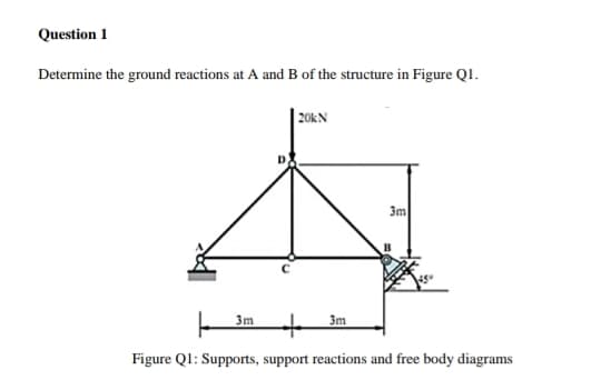 Question 1
Determine the ground reactions at A and B of the structure in Figure QI.
| 20kN
3m
3m
3m
Figure QI: Supports, support reactions and free body diagrams
