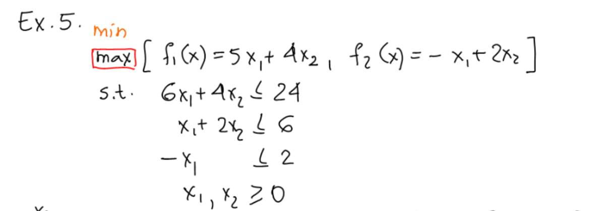 Ex.5.
min
max) fi Cx) =5x,+ 4x2, fz (x) = - x,t 2xz |
Sit. 6xi+ Axq < 24
X,t 2x, ļ 6
ード
Xi, Xq ZO
|
