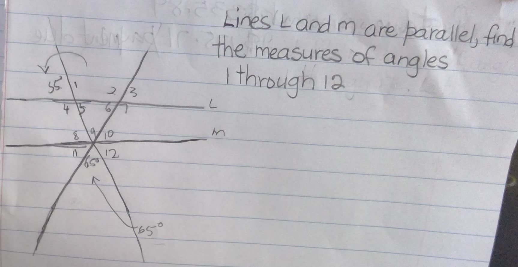 Lines Land m are parallel, fina
b Win ns r the measures of angles
I through 12
2/3
415
12
