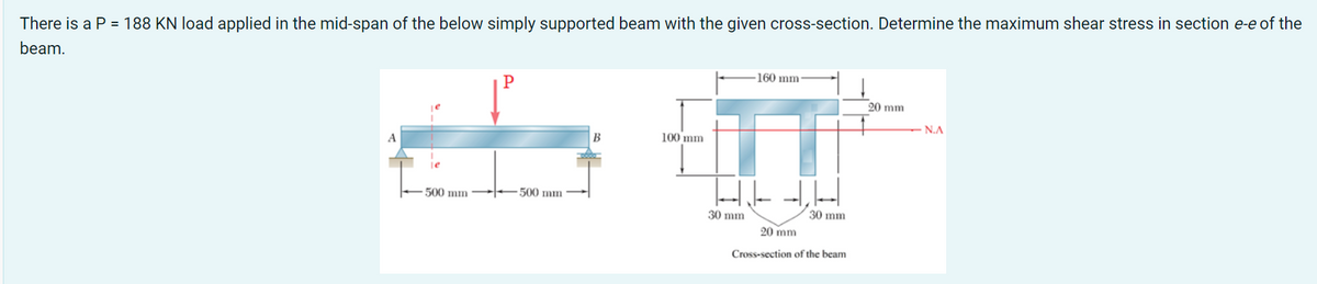 There is a P = 188 KN load applied in the mid-span of the below simply supported beam with the given cross-section. Determine the maximum shear stress in section e-e of the
beam.
P
500 mm 500 mm
B
100 mm
160 mm
ū
DE
30 mm
30 mm
20 mm
Cross-section of the beam
20 mm
N.A