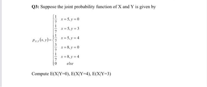 Q3: Suppose the joint probability function of X and Y is given by
x= 5, y = 0
7
x= 5, y = 3
7
x = 5, y = 4
P (x,y)-
*= 8, y = 0
7
x= 8, y = 4
else
Compute E(X|Y-0), E(X|Y 4), E(X|Y=3)
