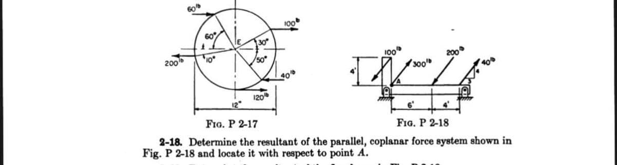 60
100
60
30
200
10
50
100s
2000
400
300
120
VA
12"
FIG. P 2-17
6'
2-18. Determine the resultant of the parallel, coplanar force system shown in
Fig. P 2-18 and locate it with respect to point A.
FIG. P 2-18
