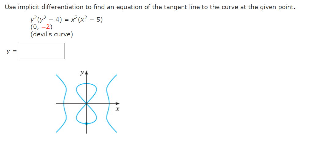 Use implicit differentiation to find an equation of the tangent line to the curve at the given point.
y²(y² – 4) = x²(x? – 5)
(0, -2)
(devil's curve)
y =
