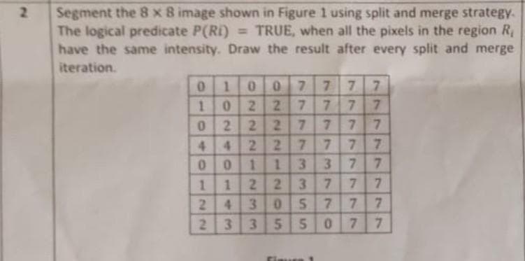 Segment the 8 x 8 image shown in Figure 1 using split and merge strategy.
The logical predicate P(RI) = TRUE, when all the pixels in the region R,
have the same intensity. Draw the result after every split and merge
2.
%3D
iteration.
7 7
7 7
77
7 77
7.
227
2.
7.
22 7
1 3
4.
01
1223
305
355
3 7
7.
7 7
24
7.
0 7
77777777
1024 o-43
910 o- N2
