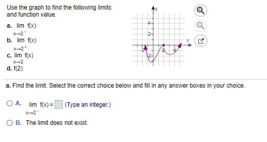 Use the graph to find the following limits
and function value.
4-
a. lim f(x)
x-2"
2-
b. lim f(x)
X-2*
c. lim f(x)
X-2
d. f(2)
a. Find the limit. Select the correct choice below and fill in any answer boxes in your choice.
O A.
lim f(x) =
| (Type an integer.)
X-2
O B. The limit does not exist.
of
