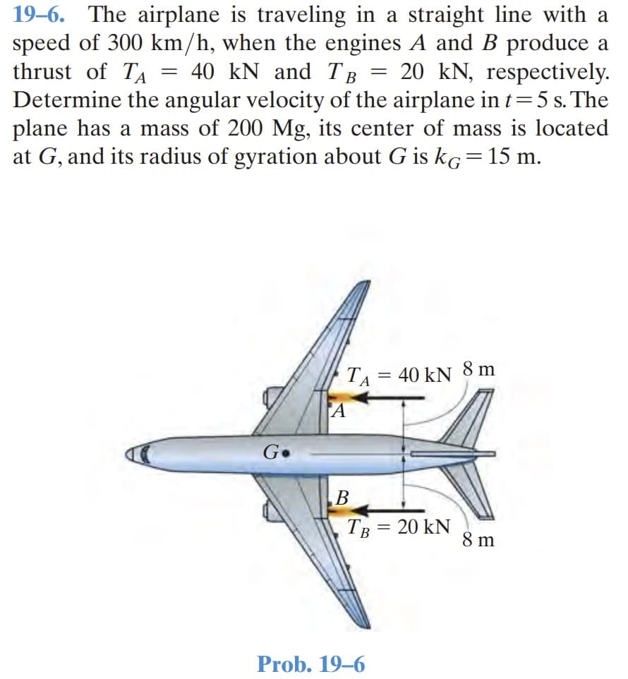 19–6. The airplane is traveling in a straight line with a
speed of 300 km/h, when the engines A and B produce a
thrust of TA
Determine the angular velocity of the airplane int=5 s. The
plane has a mass of 200 Mg, its center of mass is located
at G, and its radius of gyration about G is kg=15 m.
40 kN and TB
20 kN, respectively.
TA
40 kN 8 m
B
Тв 3 20 kN
8 m
Prob. 19–6
