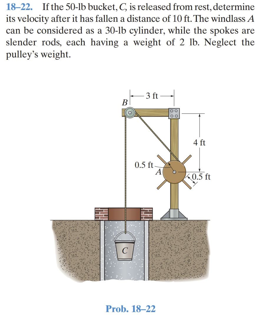 18–22. If the 50-lb bucket, C, is released from rest, determine
its velocity after it has fallen a distance of 10 ft. The windlass A
can be considered as a 30-lb cylinder, while the spokes are
slender rods, each having a weight of 2 lb. Neglect the
pulley's weight.
3 ft
В
4 ft
0.5 ft-
К0.5 ft
Prob. 18–22
