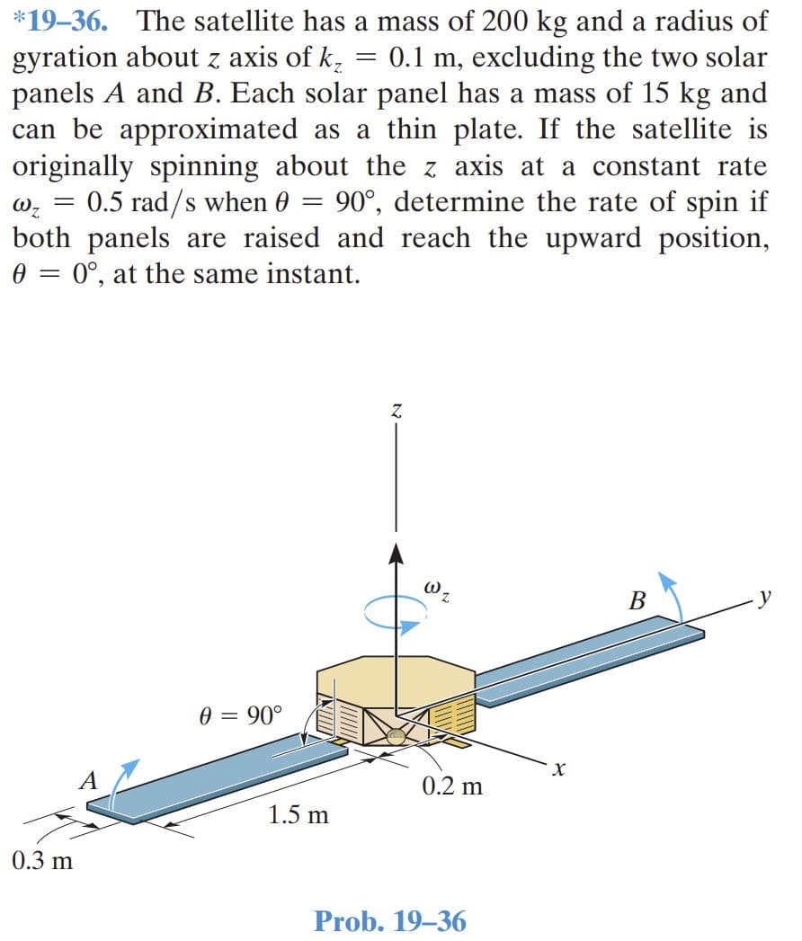 *19–36. The satellite has a mass of 200 kg and a radius of
gyration about z axis of k,
panels A and B. Each solar panel has a mass of 15 kg and
can be approximated as a thin plate. If the satellite is
originally spinning about the z axis at a constant rate
0.5 rad/s when 0
both panels are raised and reach the upward position,
0 = 0°, at the same instant.
0.1 m, excluding the two solar
Wz
90°, determine the rate of spin if
В
0 = 90°
X.
0.2 m
1.5 m
0.3 m
Prob. 19-36
