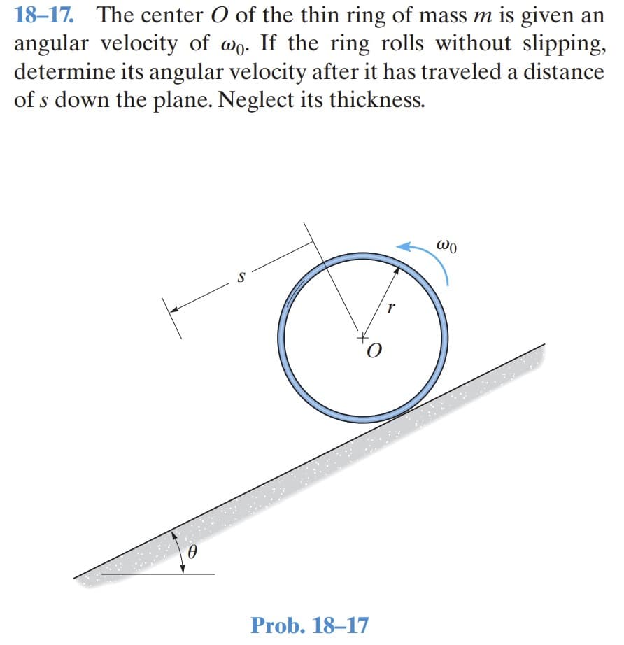 18–17. The center O of the thin ring of mass m is given an
angular velocity of wg. If the ring rolls without slipping,
determine its angular velocity after it has traveled a distance
of s down the plane. Neglect its thickness.
Wo
S
Prob. 18–17
