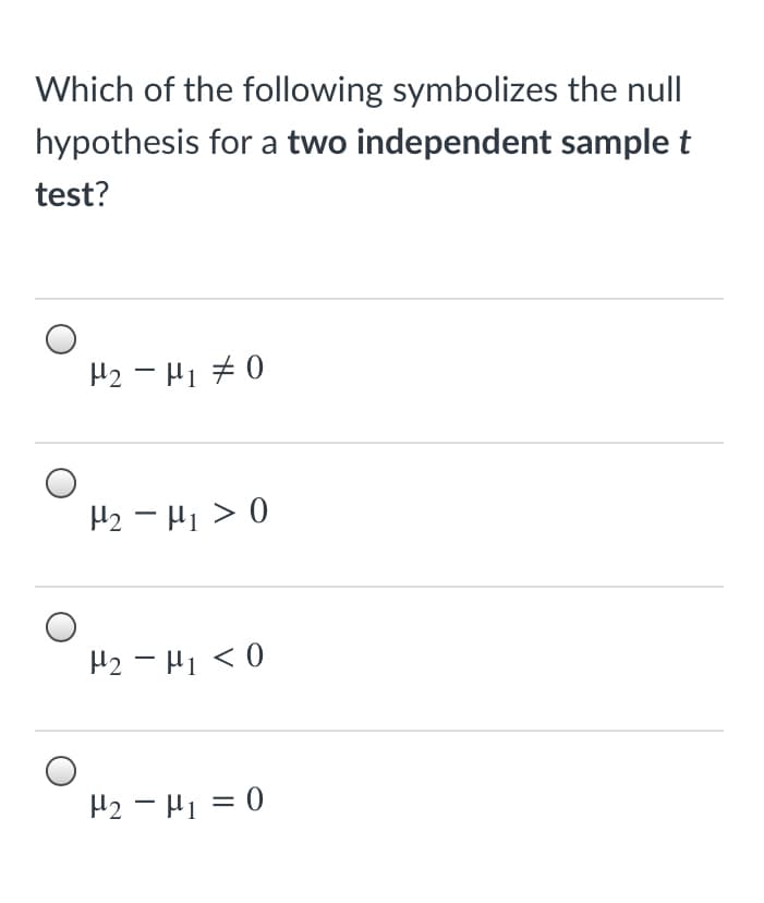 Which of the following symbolizes the null
hypothesis for a two independent sample t
test?
H2 - H1 #0
H2 - Hi > 0
H2 - H1 < 0
H2 - H1 = 0
