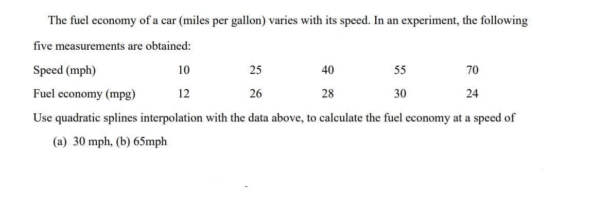 The fuel economy of a car (miles per gallon) varies with its speed. In an experiment, the following
five measurements are obtained:
Speed (mph)
25
55
70
Fuel economy (mpg)
26
30
24
Use quadratic splines interpolation with the data above, to calculate the fuel economy at a speed of
(a) 30 mph, (b) 65mph
10
12
40
28