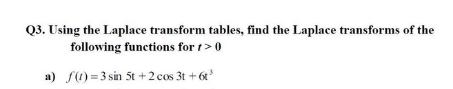 Q3. Using the Laplace transform tables, find the Laplace transforms of the
following functions for t>0
a) f(1) =3 sin 5t +2 cos 3t + 6t
