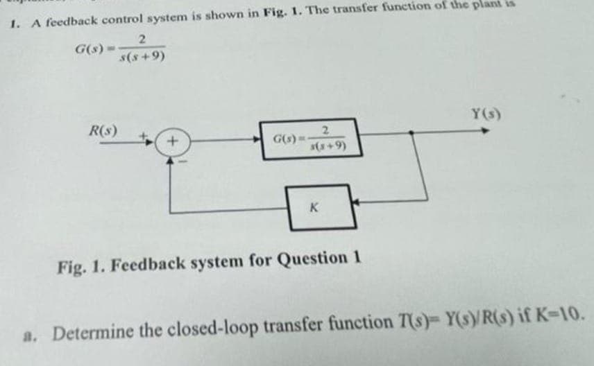 1. A feedback control system is shown in Fig. 1. The transfer function of thc plant is
G(s)
s(s +9)
Y(s)
R(s)
2.
G(s)=-
s(x+9)
K
Fig. 1. Feedback system for Question 1
a. Determine the closed-loop transfer function T(s)= Y(s)/R(s) if K=10.
