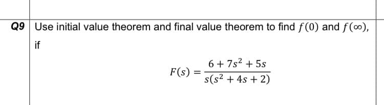 Q9 Use initial value theorem and final value theorem to find ƒ (0) and f(0),
if
6 + 7s2 + 5s
F(s)
s(s² + 4s + 2)
