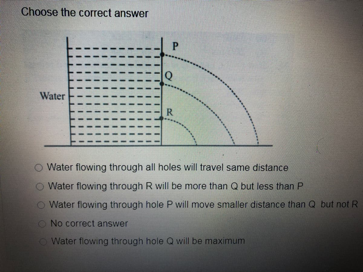 Choose the correct answer
Q
Water
Water flowing through all holes will travel same distance.
O Water flowing through R will be more than Q but less than P
O Water flowing through hole P will move smaller distance than Q but notR
O No correct answer
Water flowing through hole Q will be maximum
P.
