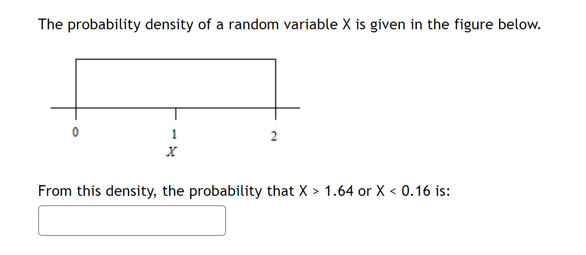 The probability density of a random variable X is given in the figure below.
0
1
X
2
From this density, the probability that X > 1.64 or X < 0.16 is: