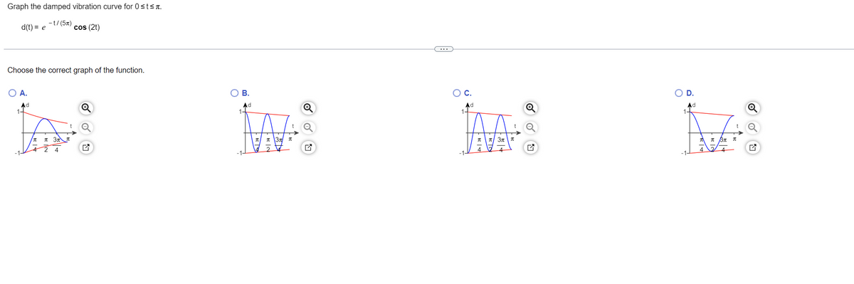 Graph the damped vibration curve for 0 ≤t≤.
-t/ (5)
d(t) = e
cos (2t)
Choose the correct graph of the function.
A.
π
3π
4 2 4
Ad
B.
Ad
JAA
MA
Вл