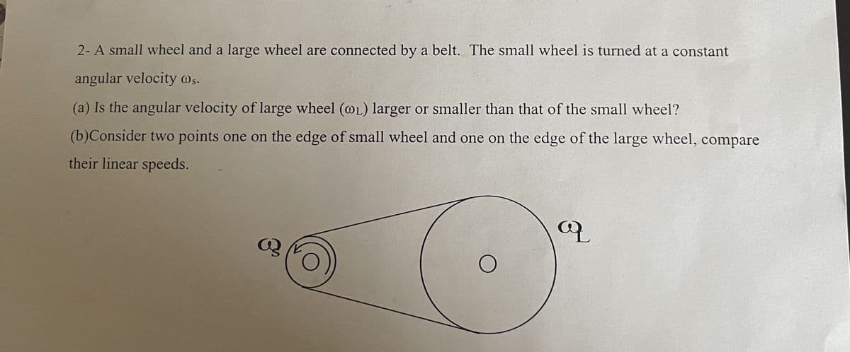 2- A small wheel and a large wheel are connected by a belt. The small wheel is turned at a constant
angular velocity @s.
(a) Is the angular velocity of large wheel (@L) larger or smaller than that of the small wheel?
(b)Consider two points one on the edge of small wheel and one on the edge of the large wheel, compare
their linear speeds.
3º
O
q