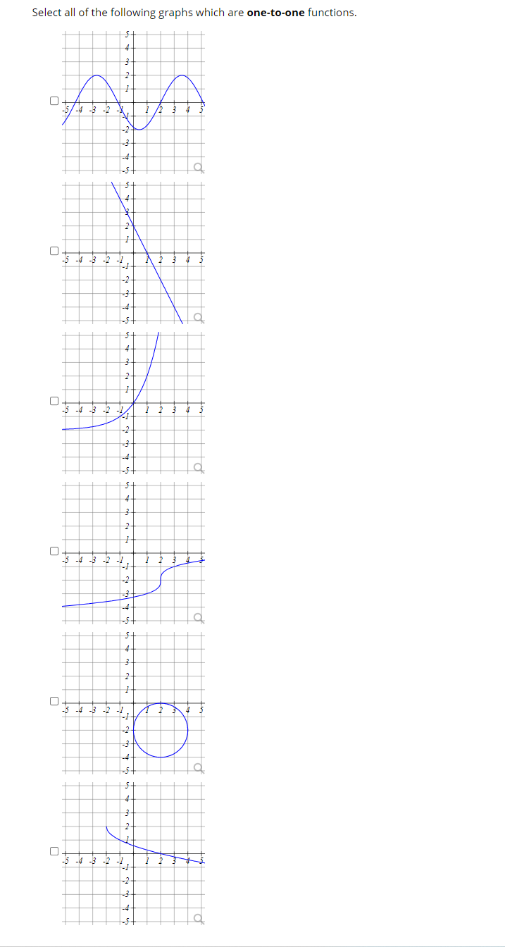 Select all of the following graphs which are one-to-one functions.
0
0
0
-5 -4 -3 -2
-5
-5
-5-4-3
-2
-3
1
-1
-2
3
2-
1
-2
-3
-4
5-
4
3
2
1
2
-2
5
4
3
2-
1
-2
--3
-4-
-3
4
2-
b
-2
a