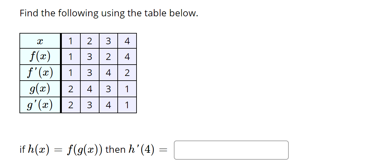 Find the following using the table below.
1
if h(x) =
=
2 3 4
4
3 4 2
1
4 1
~MM
X
f(x)
f'(x)
1
g(x) 2 4 3
g'(x) 2 3
MIN
3
2
f(g(x)) then h'(4)
=