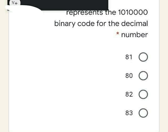 V+
represents the 1010000
binary code for the decimal
number
81
80
82
83
