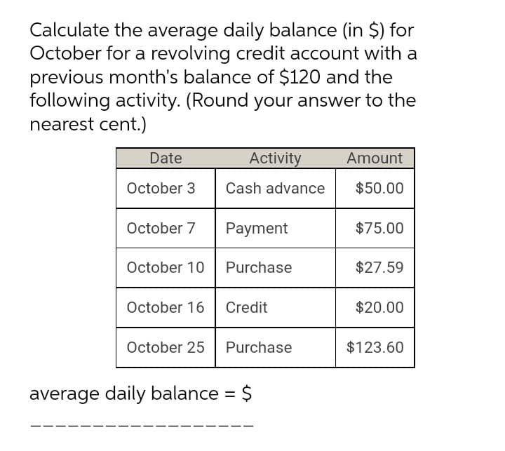 Calculate the average daily balance (in $) for
October for a revolving credit account with a
previous month's balance of $120 and the
following activity. (Round your answer to the
nearest cent.)
Date
Activity
Amount
October 3
Cash advance
$50.00
October 7
Payment
$75.00
October 10
Purchase
$27.59
October 16
Credit
$20.00
October 25
Purchase
$123.60
average daily balance = $
