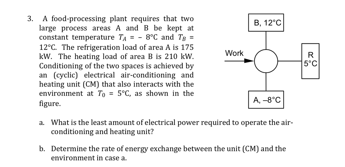 3. A food-processing plant requires that two
large process areas A and B be kept at
constant temperature TA
12°C. The refrigeration load of area A is 175
kW. The heating load of area B is 210 kW.
Conditioning of the two spaces is achieved by
an (cyclic) electrical air-conditioning and
heating unit (CM) that also interacts with the
environment at To = 5°C, as shown in the
В., 12°С
8°C and TB
Work
R
5°C
figure.
А, —8°С
a. What is the least amount of electrical power required to operate the air-
conditioning and heating unit?
b. Determine the rate of energy exchange between the unit (CM) and the
environment in case a.
