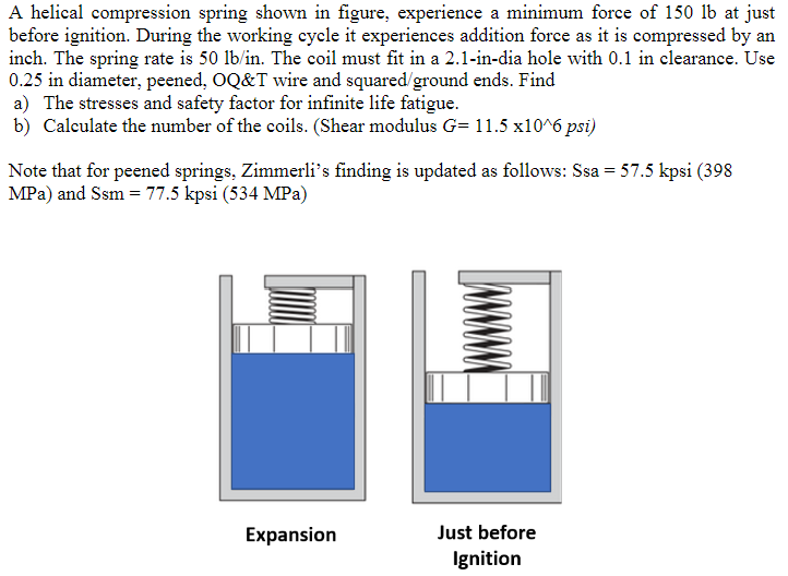 A helical compression spring shown in figure, experience a minimum force of 150 lb at just
before ignition. During the working cycle it experiences addition force as it is compressed by an
inch. The spring rate is 50 lb/in. The coil must fit in a 2.1-in-dia hole with 0.1 in clearance. Use
0.25 in diameter, peened, OQ&T wire and squared/ground ends. Find
a) The stresses and safety factor for infinite life fatigue.
b) Calculate the number of the coils. (Shear modulus G= 11.5 x10^6 psi)
Note that for peened springs, Zimmerli's finding is updated as follows: Ssa = 57.5 kpsi (398
MPa) and Ssm = 77.5 kpsi (534 MPa)
Expansion
Just before
Ignition
