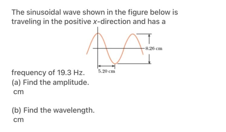The sinusoidal wave shown in the figure below is
traveling in the positive x-direction and has a
-8.26 cm
5.20 cm
frequency of 19.3 Hz.
(a) Find the amplitude.
cm
(b) Find the wavelength.
cm
