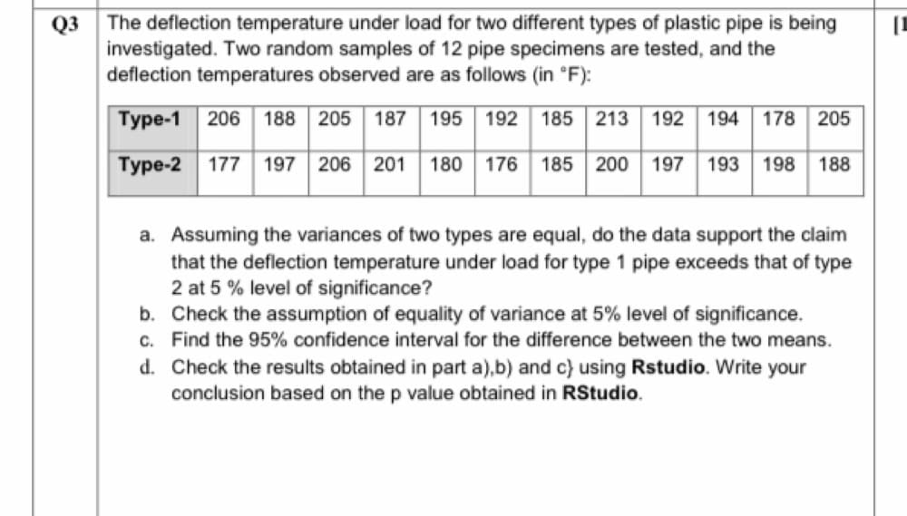 Q3 The deflection temperature under load for two different types of plastic pipe is being
investigated. Two random samples of 12 pipe specimens are tested, and the
deflection temperatures observed are as follows (in F):
[I
Туре-1 206
188
187
192 185
192 194
178 205
205
195
213
Турe-2
177
197
206
201
180
176
185
200
197
193
198
188
a. Assuming the variances of two types are equal, do the data support the claim
that the deflection temperature under load for type 1 pipe exceeds that of type
2 at 5 % level of significance?
b. Check the assumption of equality of variance at 5% level of significance.
c. Find the 95% confidence interval for the difference between the two means.
d. Check the results obtained in part a),b) and c} using Rstudio. Write your
conclusion based on the p value obtained in RStudio.
