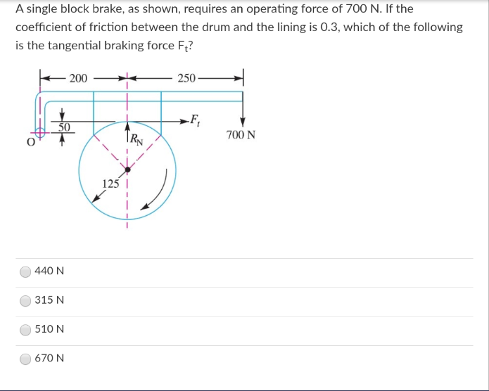 A single block brake, as shown, requires an operating force of 700 N. If the
coefficient of friction between the drum and the lining is 0.3, which of the following
is the tangential braking force F+?
50
440 N
315 N
510 N
200
670 N
125
250
-F₁
700 N
