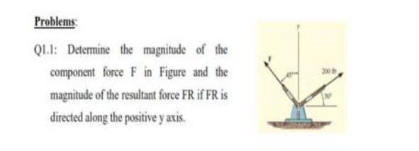 Problems:
Q1.1: Detemine the magnitude of the
component force F in Figure and the
magnitude of the resultant force FR if FR is
directed along the positive y axis.
