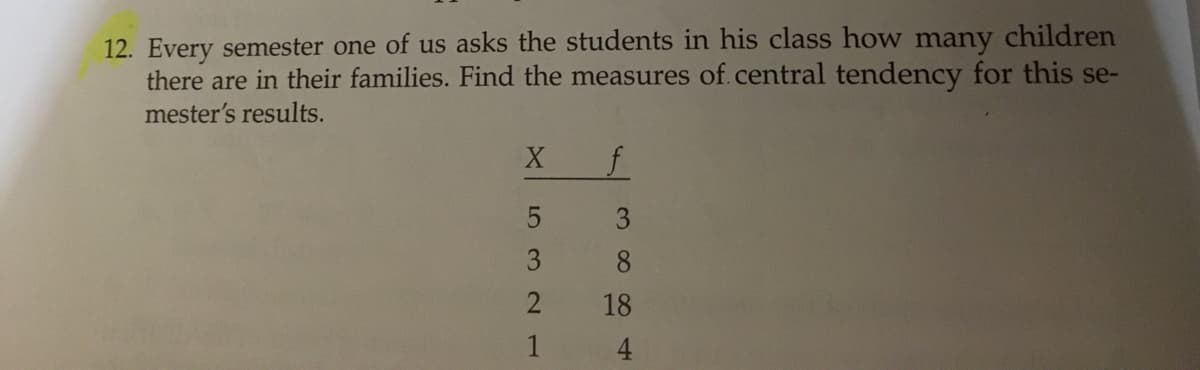 Every semester one of us asks the students in his class how many children
there are in their families. Find the measures of.central tendency for this se-
mester's results.
3
8.
2
18
1
