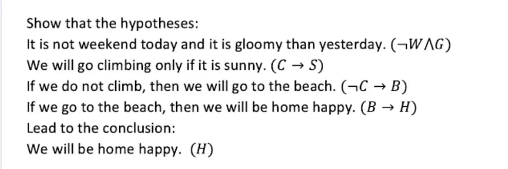 Show that the hypotheses:
It is not weekend today and it is gloomy than yesterday. (¬WAG)
We will go climbing only if it is sunny. (C → S)
If we do not climb, then we will go to the beach. (¬C → B)
If we go to the beach, then we will be home happy. (B → H)
Lead to the conclusion:
We will be home happy. (H)
