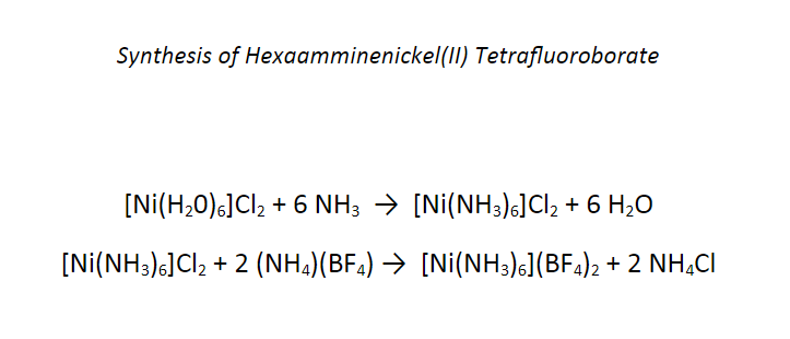 Synthesis of Hexaamminenickel(II) Tetrafluoroborate
[Ni(H,0)6]Cl, + 6 NH3 → [Ni(NH3)6]CI, + 6 H,O
[Ni(NH3),]Cl, + 2 (NH.)(BF.) → [Ni(NH3)s](BF4)2 + 2 NH,CI

