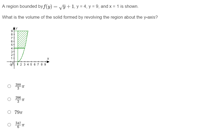 A region bounded byf(y) = √ğ + 1, y = 4, y = 9, and x = 1 is shown.
What is the volume of the solid formed by revolving the region about the y-axis?
9
gEFB5
8
7
6
4
3
2-
1
X
-1 1 2 3 4 5 6 7 8 9
296
ㅠ
○ 79
ㅇㅠ ㅠ